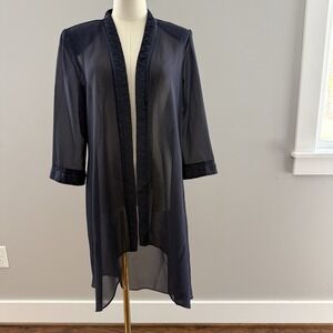 Le Bos Sheer Chiffon Duster Jacket Size 8 Open Front Satin Trim Long